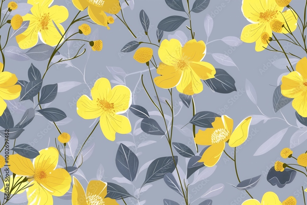 A floral pattern with yellow flowers and leaves A floral pattern with yellow flowers and leaves