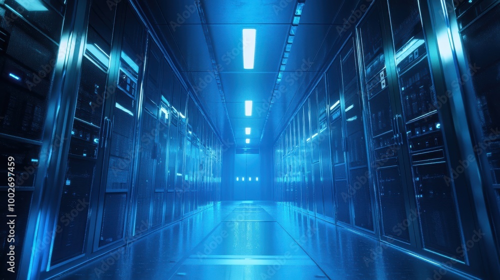 A futuristic data center hallway illuminated by blue lights, showcasing modern server technology and digital infrastructure. A futuristic data center hallway illuminated by blue lights, showcasing modern server technology and digital infrastructure.