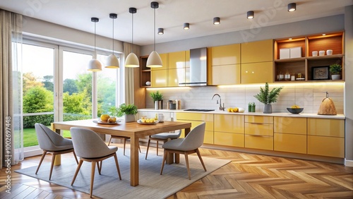 modern dining room with kitchen