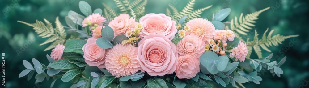 Fototapeta premium Vibrant Pink Blossoms and Foliage A Stunning Floral Arrangement, Fresh, Energetic, and Perfect for Any Occasion