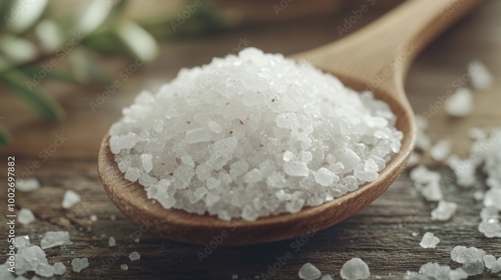 Close Up of Sea Salt in Wooden Spoon on Rustic Background Close Up of Sea Salt in Wooden Spoon on Rustic Background