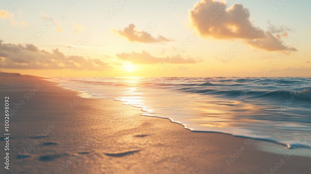 Sunset over an untouched beach, golden light shimmering on the sand and water Sunset over an untouched beach, golden light shimmering on the sand and water