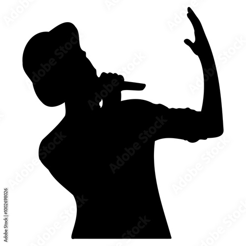 Singer Pose Silhouette. singing with a microphone on the stage. High quality silhouette singers . Pop, country music, rock stars and hiphop rapper artist vocalists . Popular singer super star vector s