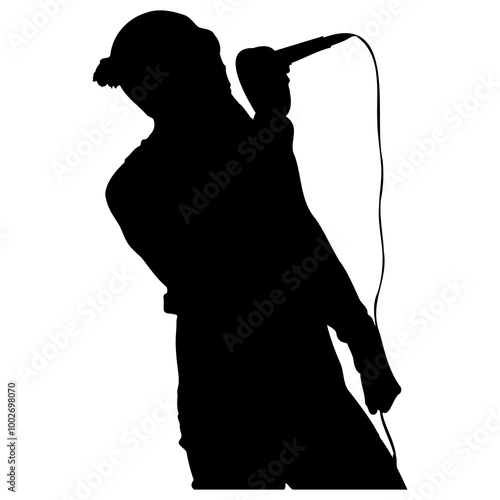 Singer Pose Silhouette. singing with a microphone on the stage. High quality silhouette singers . Pop, country music, rock stars and hiphop rapper artist vocalists . Popular singer super star vector s