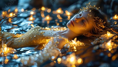 A woman with a crown of lights sleeps peacefully in a pool of shimmering water