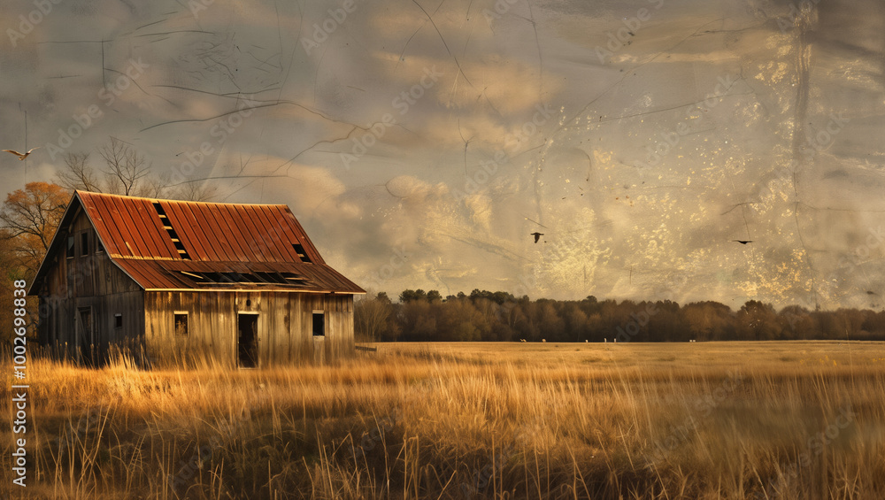 Fototapeta premium A simple barn in a field, the rustic textures enhanced by the golden light