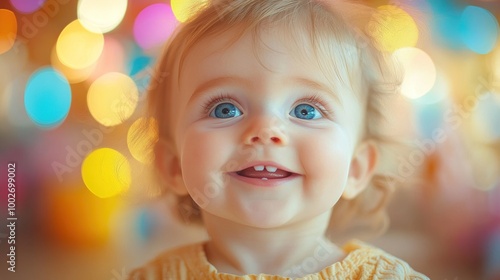 A joyful baby smiling with bright, colorful lights in the background.