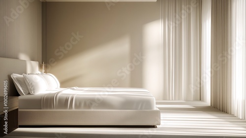 Modern bedroom with a large bed, white curtains and warm sunlight streaming in.