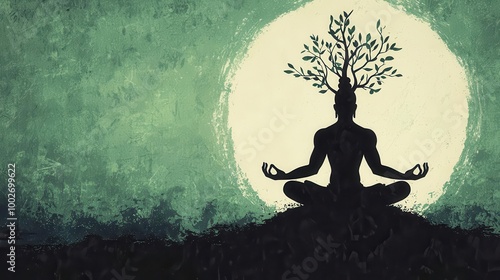 Shiva performing Vriksasana tree pose, with branches growing from his arms, symbolizing growth and connection with the earth, Shiva, yoga, nature connection photo