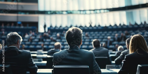 Parliamentary Debate: Politicians debating inside the European Parliament chamber