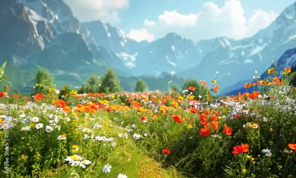 Field of flowers with mountains in the background. The flowers are in full bloom and the sky is clear. hyperrealistic Video Field of flowers with mountains in the background. The flowers are in full bloom and the sky is clear. hyperrealistic Video