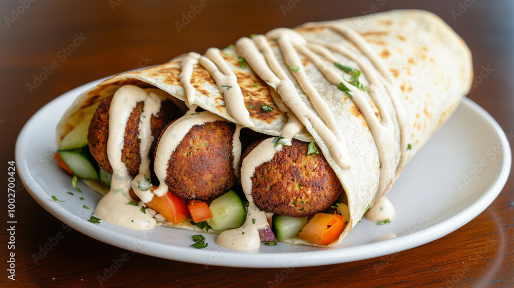 Crispy falafel wrap with tahini sauce and veggies on white plate
Crispy falafel wrap with tahini sauce and veggies on white plate