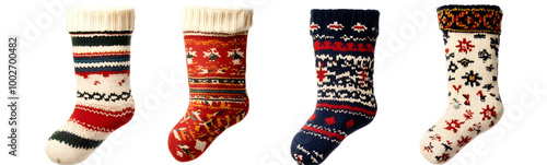 Colorful Knitted Christmas Stockings Collection, Isolated on a Transparent Background, Graphic Resource