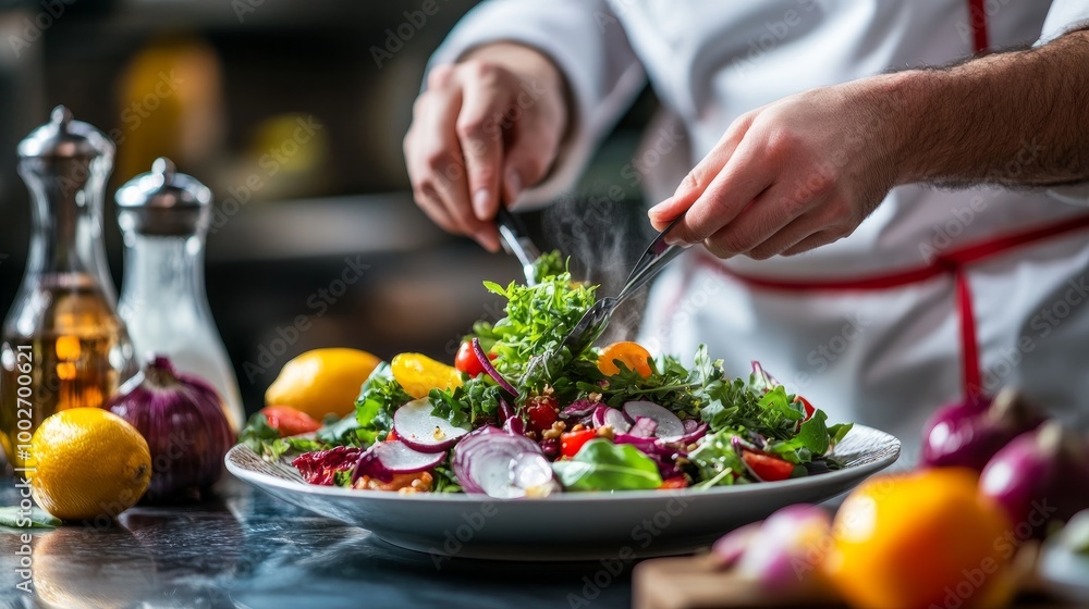 Before serving a dish to restaurant patrons, the chef adds the final touches to a salad made with fresh greens. Before serving a dish to restaurant patrons, the chef adds the final touches to a salad made with fresh greens.