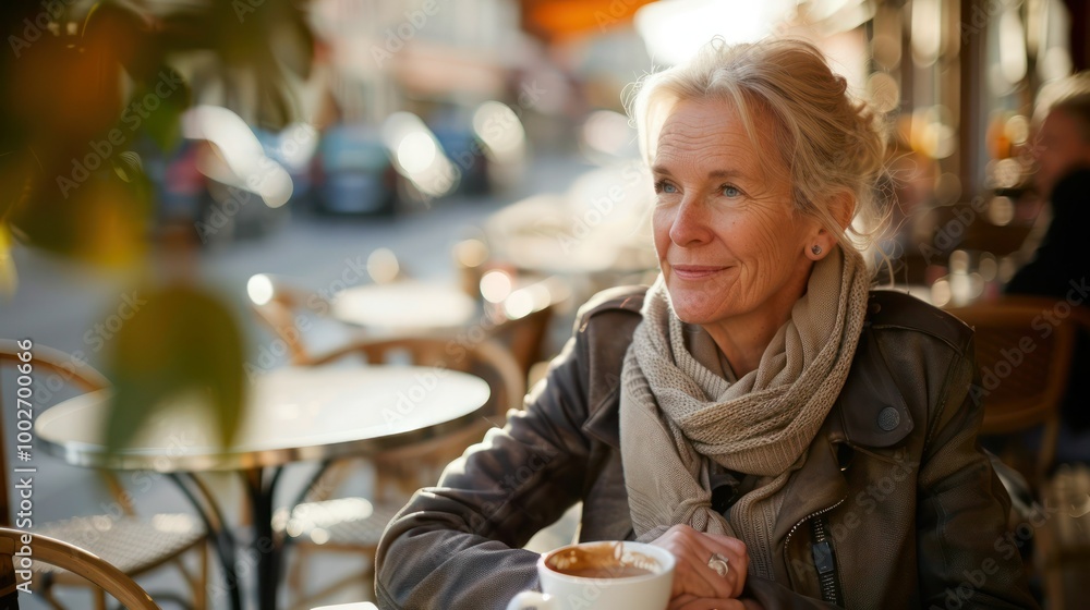Woman in Cafe: A European woman enjoying coffee at an outdoor cafe Woman in Cafe: A European woman enjoying coffee at an outdoor cafe