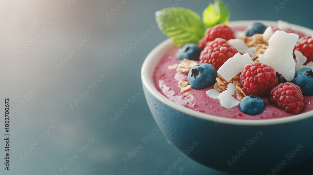 Colorful acai bowl topped with coconut flakes, berries and mint leaves on blue background, copy space for text Colorful acai bowl topped with coconut flakes, berries and mint leaves on blue background, copy space for text