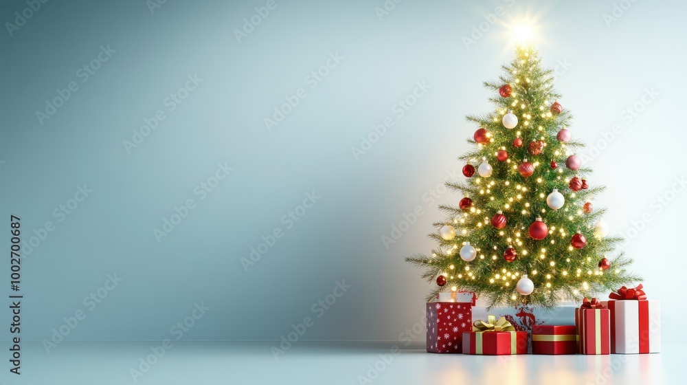 A beautifully decorated Merry Christmas tree with twinkling lights, ornaments, and presents underneath. A beautifully decorated Merry Christmas tree with twinkling lights, ornaments, and presents underneath.
