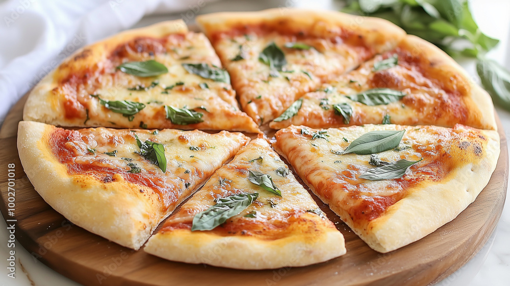 Sliced Italian margherita pizza with basil, mozzarella, cheese and tomato on wooden board Sliced Italian margherita pizza with basil, mozzarella, cheese and tomato on wooden board