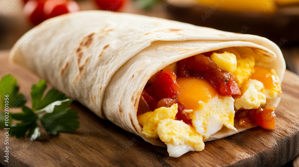 Delicious breakfast burrito filled with eggs and salsa Delicious breakfast burrito filled with eggs and salsa