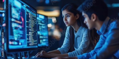 Two indian people are working on a computer screen with a lot of code on it