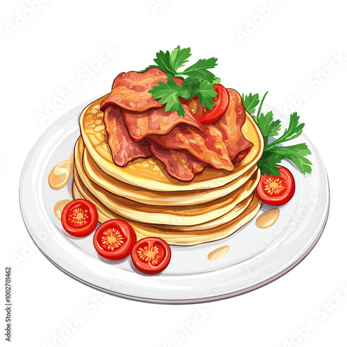 Illustration of pancakes with bacon and tomatoes on a white plate