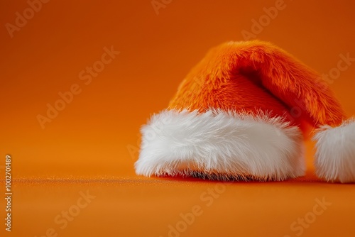 Orange Santa hat laying on an orange background with white fur trim. photo