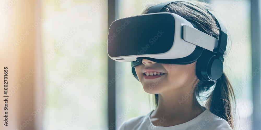 A young girl wearing a virtual reality headset is smiling in classroom. A young girl wearing a virtual reality headset is smiling in classroom.