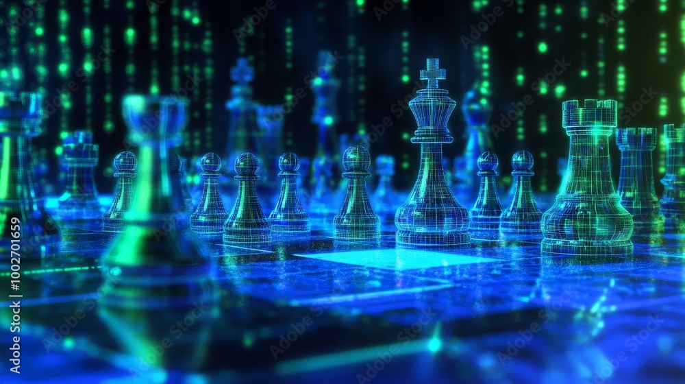 A futuristic chessboard with glowing pieces, surrounded by digital, matrix-like patterns of green and blue.