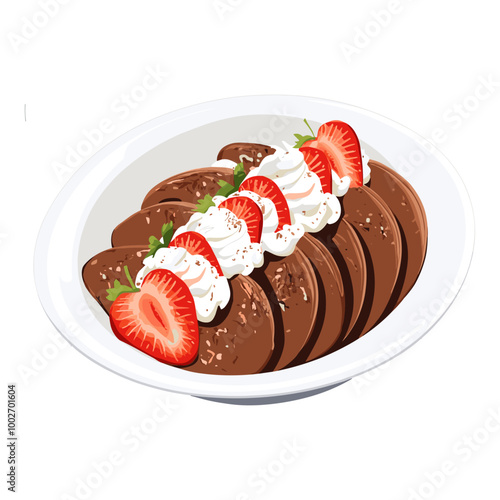 Illustration of chocolate mousse with whipped cream and strawberries