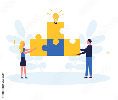 Business concept. Team metaphor. People connect puzzle elements. Flat illustration in flat design style. Teamwork, collaboration, partnership. Businessmen working together and moving towards success.