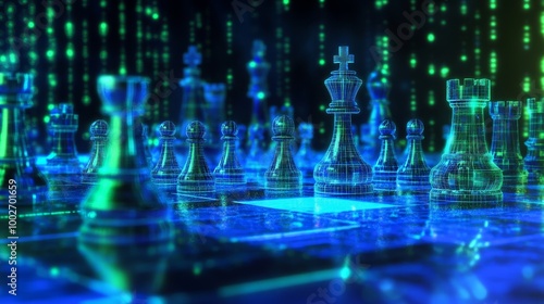 Obraz na płótnie A futuristic chessboard with glowing pieces, surrounded by digital, matrix-like patterns of green and blue. w salonie