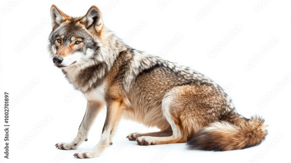Wolf Isolated: Majestic Animal with Fluffy Tail in the White Wilderness Wolf Isolated: Majestic Animal with Fluffy Tail in the White Wilderness