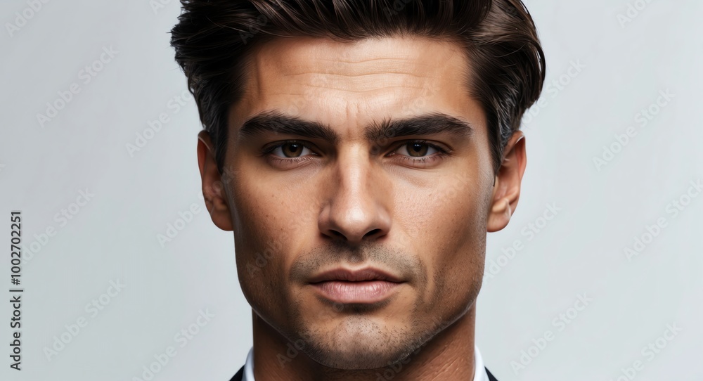 Fototapeta premium Close up of a striking brunette male model with chiseled features on a clean white background