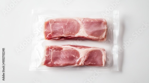 A photo of a vacuum-sealed plastic bag containing raw, pork loin one piece.