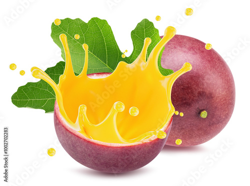 passion fruit with juice splash isolated on a white background photo