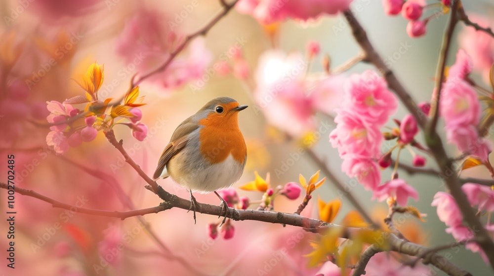 13- A charming robin perches delicately amidst the blush of pink blossoms, its vibrant plumage a vivid contrast against the springtime garden backdrop.jpg 13- A charming robin perches delicately amidst the blush of pink blossoms, its vibrant plumage a vivid contrast against the springtime garden backdrop.jpg