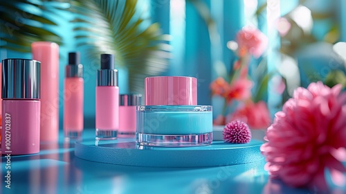 Render a vibrant beauty product shot with abstract colorful shapes and dynamic lighting in a studio environment photo