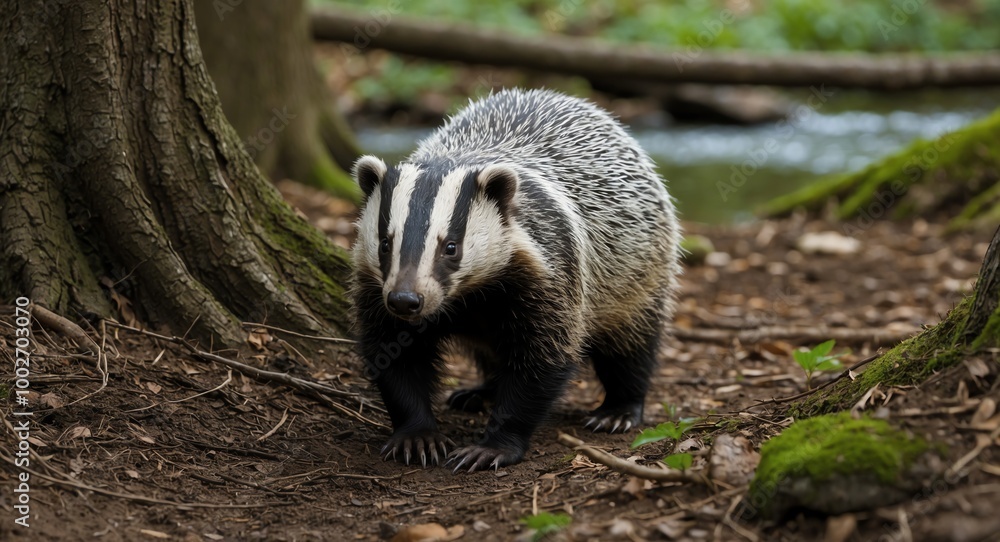 Curious badger wandering through thick woods with a gentle stream in the background Curious badger wandering through thick woods with a gentle stream in the background