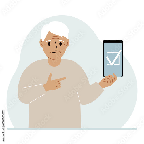 A man is holding a phone with a check mark on the screen. The concept of choice, voting or defence. Vector flat illustration