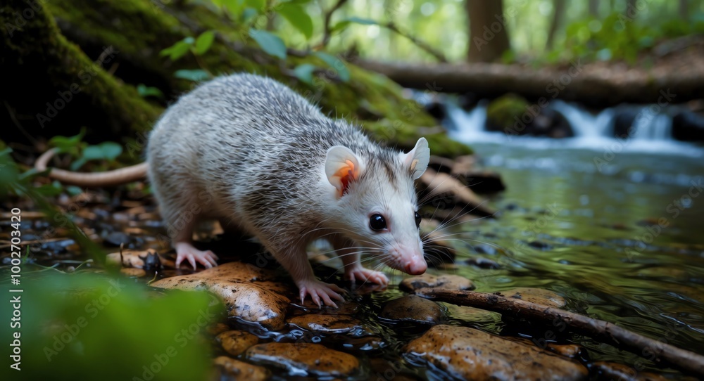 Cute opossum exploring a dense woodland with a bubbling stream flowing behind it Cute opossum exploring a dense woodland with a bubbling stream flowing behind it