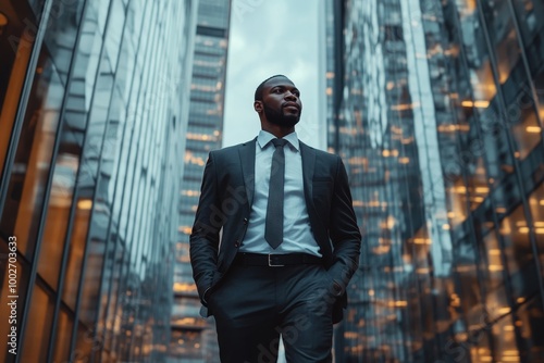 Black Businessman Walking Near Business Center In City, Generative AI