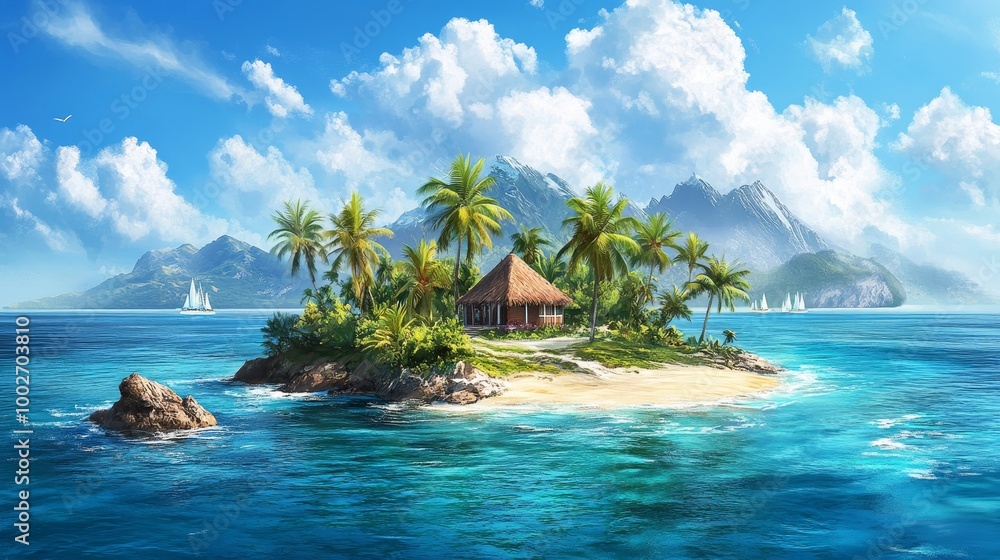 A serene tropical island featuring palm trees, a quaint hut, and crystal-clear water under a vibrant sky dotted with fluffy clouds. A serene tropical island featuring palm trees, a quaint hut, and crystal-clear water under a vibrant sky dotted with fluffy clouds.