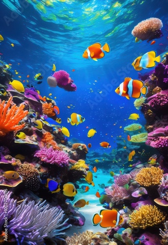 vibrant underwater ecosystems displaying kaleidoscope distinct marine creatures fluorescent colors lively habitats, aquatic, fish, coral, reef, seaweed