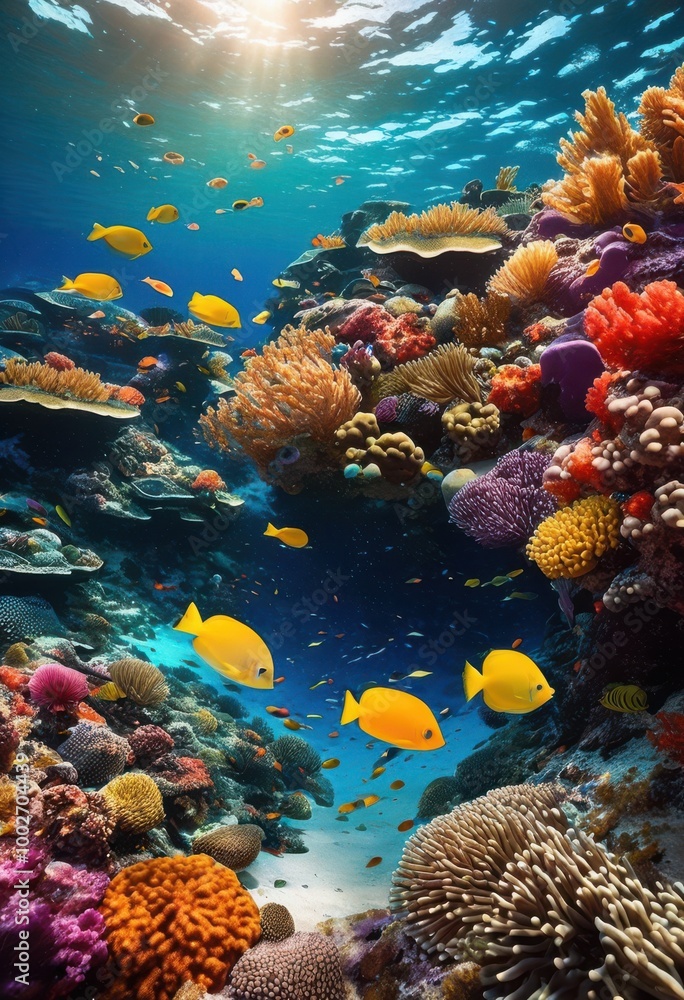 Obraz premium stunning close vibrant coral reef showcasing diverse marine life bright colors intricate patterns, aquatic, underwater, colorful, fish, ocean, sea