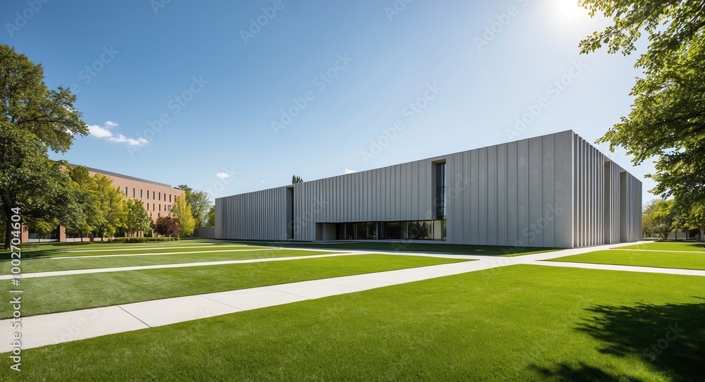 custom made wallpaper toronto digitalExterior view of a minimalist gray university building with manicured lawns under a sunny sky