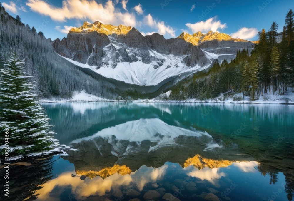 Fototapeta premium stunning vibrant reflection majestic mountains serene calm lake under clear blue sky, alpine, landscape, water, nature, trees, colors, scenery, beauty