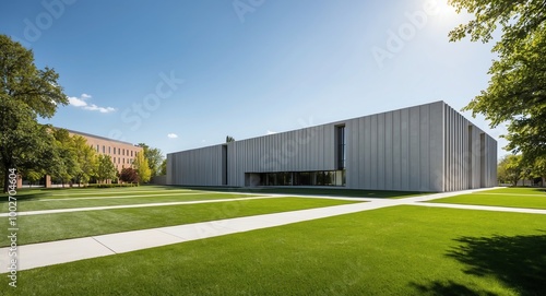 Wallpaper Mural Exterior view of a minimalist gray university building with manicured lawns under a sunny sky Torontodigital.ca