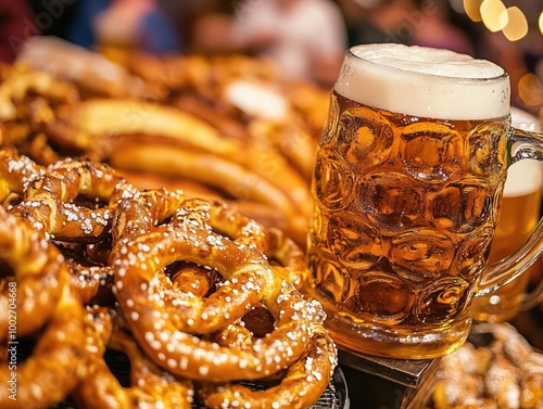 glass of beer and pretzels