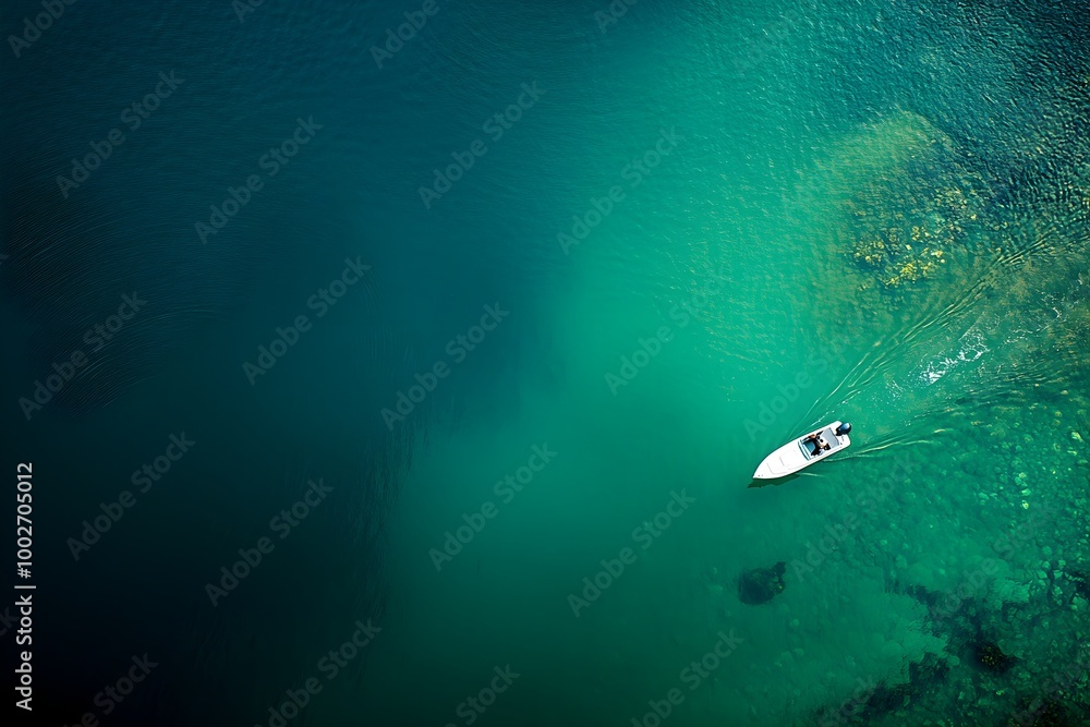 Aerial view of speedboat cruising in blue-green ocean, calm waters, top-down perspective Aerial view of speedboat cruising in blue-green ocean, calm waters, top-down perspective