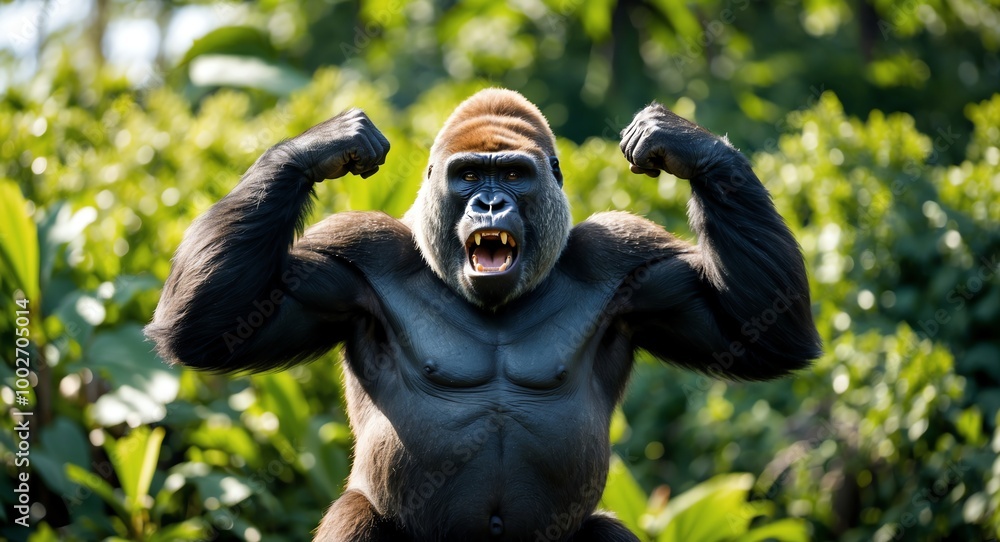 Fierce brown gorilla beating its chest surrounded by rich green foliage and sunlight Fierce brown gorilla beating its chest surrounded by rich green foliage and sunlight